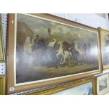 After Rosa Bonheur, an oils on canvas of a string of horses from the stables (59 x 126 cm), framed
