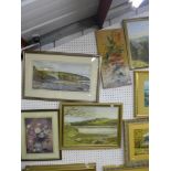 Three 20th century oils on canvas and board, and a framed watercolour of an extensive shoreline (
