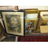 A collection of framed prints, drawings and oils including a large portrait, and a needlework