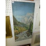 An early 20th century oils on canvas of an Alpine railway (76 x 40 cm), unframed ONLINE BIDDING IS