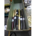 Three Parker fountain pens, two Mont Blanc pens and a Pelican fountain pen. ONLINE BIDDING IS ONLY