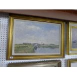 James Longueville, an oils on board, 'Still morning on the canal', signed (42 x 62 cm), framed (with