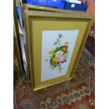 A set of four gilt-framed oils on canvas board flower studies (57 x 33 cm), sold with another en