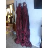 A good pair of 10ft x 8ft crimson taffeta interlined curtains, a cream rug, a large blue and white
