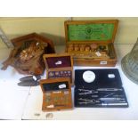 A vintage Society of Arts Blowpipe Apparatus in original pine case, a cased set of draughtsmen's