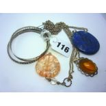 Three pendants: rose quartz, lapis and amber, and two silver bracelets ONLINE BIDDING IS ONLY