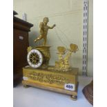 An attractive French Restoration ormolu mantel clock, as Cupid in a chariot drawn by butterflies,