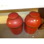 Two large red crackle-glazed decorative tea canisters with lids [under s 69] ONLINE BIDDING IS