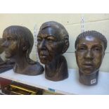 Three portrait heads by Elizabeth J Lindsay, in bronzed plaster or glass fibre, together with a