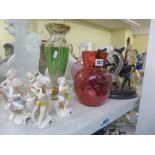 A shelf of decorative items comprising: a Satsuma bottle vase, Spode covered tureen, pair of