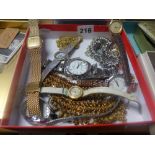 A selection of modern wrist watches, ladies' and gents', an Indian necklace, a white bevel Tiffany