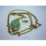 A Victorian yellow metal long guard chain with a blue enamel and gem-set locket ONLINE BIDDING IS