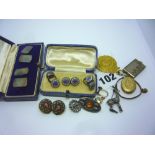A pair of silver engine-turned cufflinks in a Gieves box with silver and enamel link suite, and a