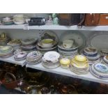 Four shelves of 19th and 20th century plates, meat plates and dishes including Copeland, Royal Tara,