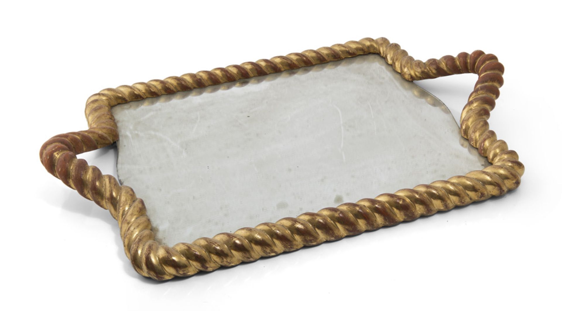 GILt WOOD TRAY, LATE 19TH CENTURY with cord edge and mirror dish. Measures cm. 72 x 48. VASSOIO IN