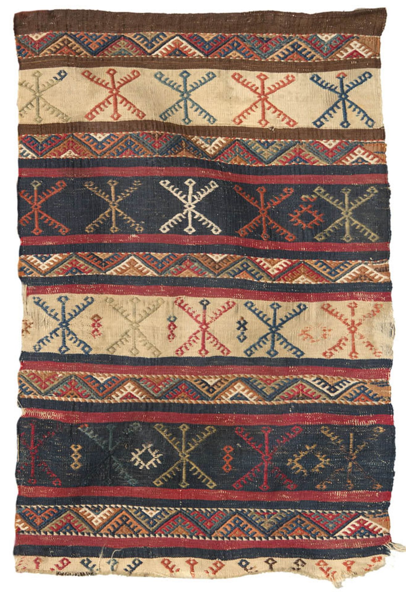 FRAGMENT OF SADDLE CAUCASIAN KILIM, 19TH CENTURY with design with multicolored bands in crosses