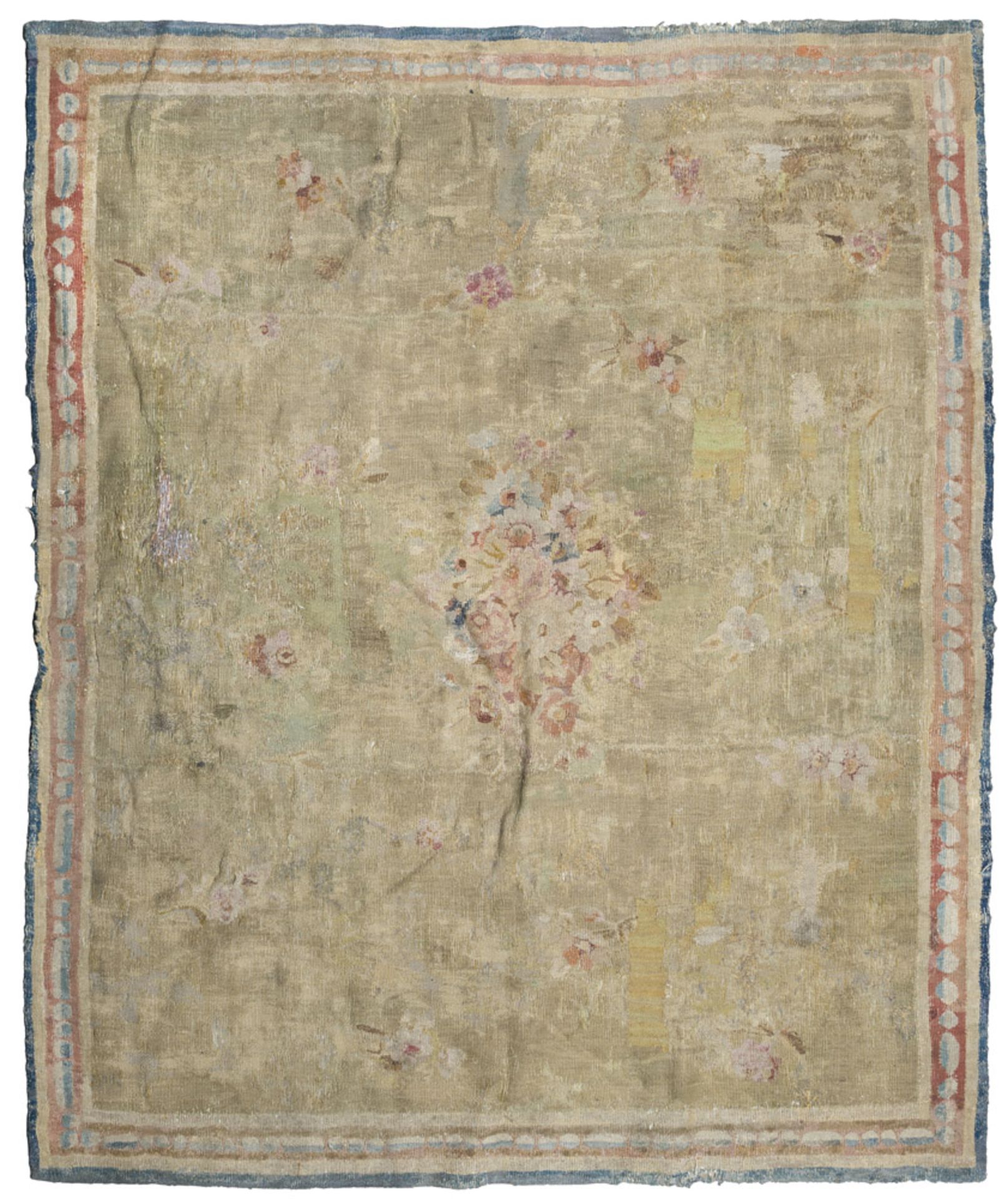 A SMALL TAPESTRY, FRANCE 18TH CENTURY with group medallion of flowers, in the field flowers plant