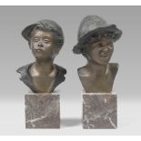 NEAPOLITAN SCULPTOR, EARLY 20TH CENTURY Heads of scugnizzi Two bronze sculptures in with gilded