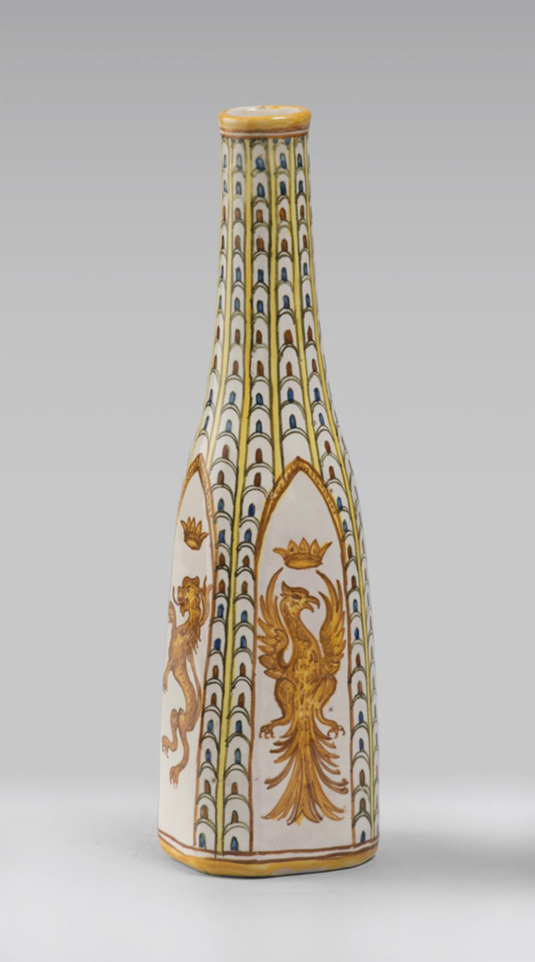 CERAMIC BOTTLE, MOLARONI PESARO 20TH CENTURY decorated with fish scales and coats of arms. Mark