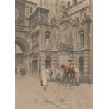 Italian engraver, 20th century. Scene with rider near a fountain. Color print, cm. 54 x 39. INCISORE