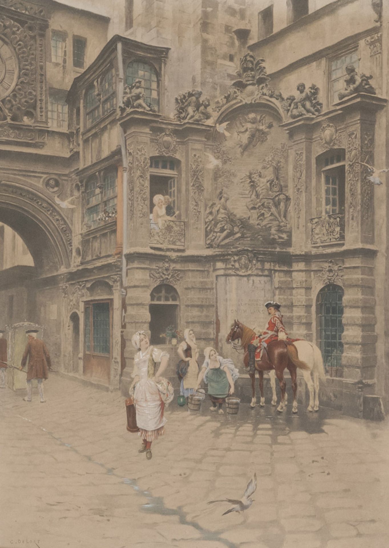 Italian engraver, 20th century. Scene with rider near a fountain. Color print, cm. 54 x 39. INCISORE