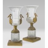 A PAIR OF OF VASES IN CRYSTAL AND BRONZE, EMPIRE PERIOD with body cut to points of diamond.