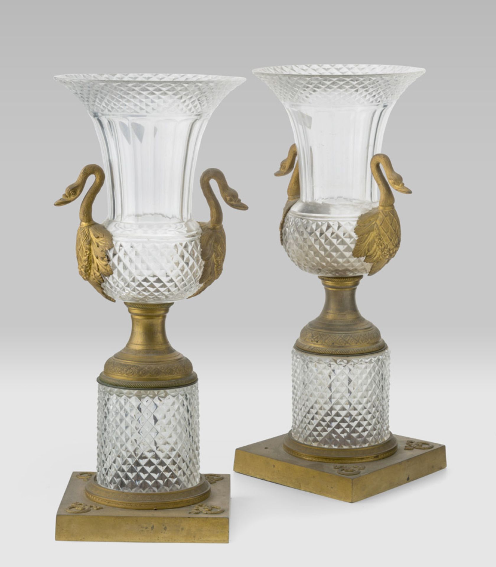 A PAIR OF OF VASES IN CRYSTAL AND BRONZE, EMPIRE PERIOD with body cut to points of diamond.