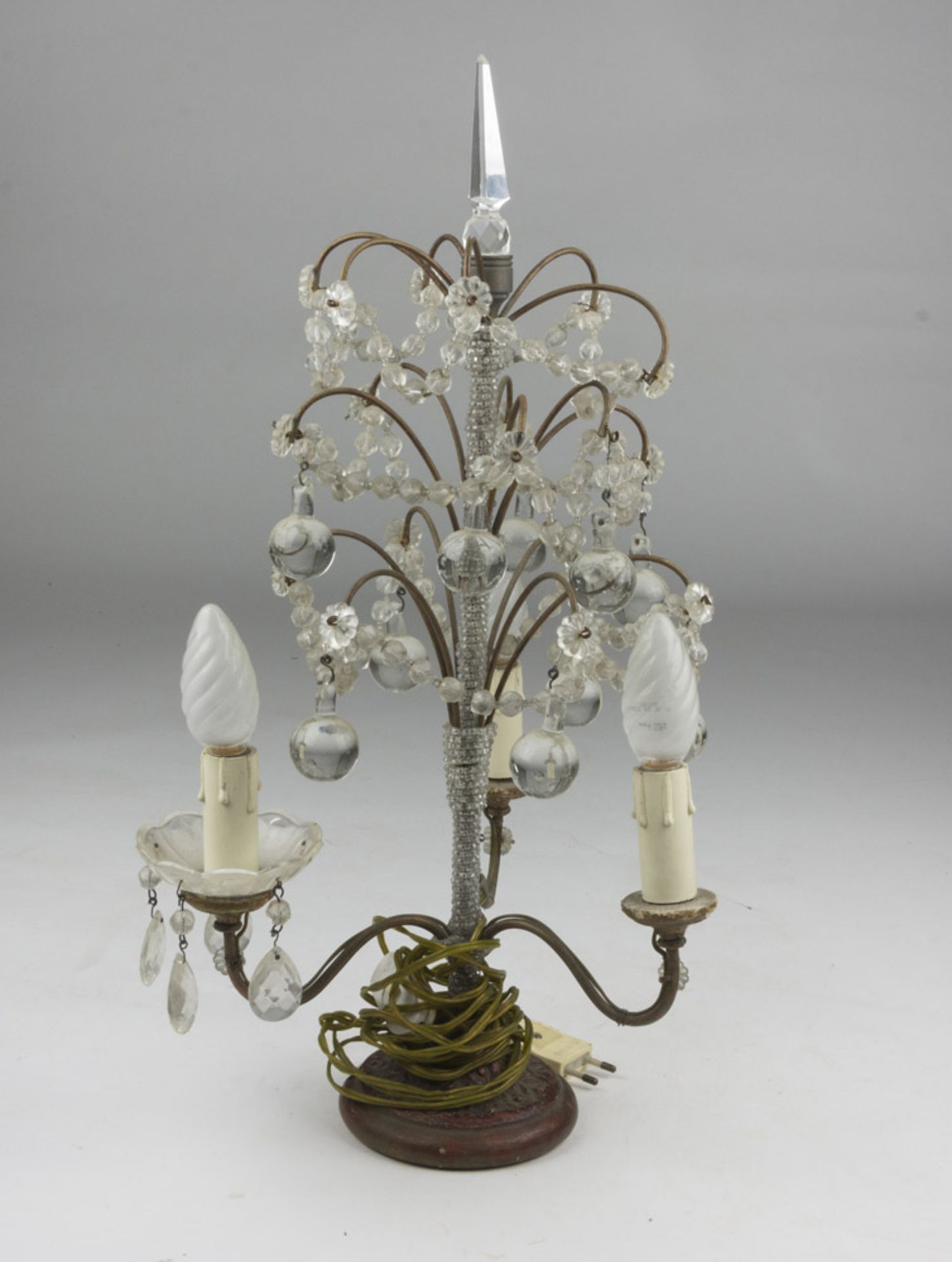 SMALL CANDELABRUM IN GLASS AND PEARLS, 20TH CENTURY shaped as small tree with three branches.. h.