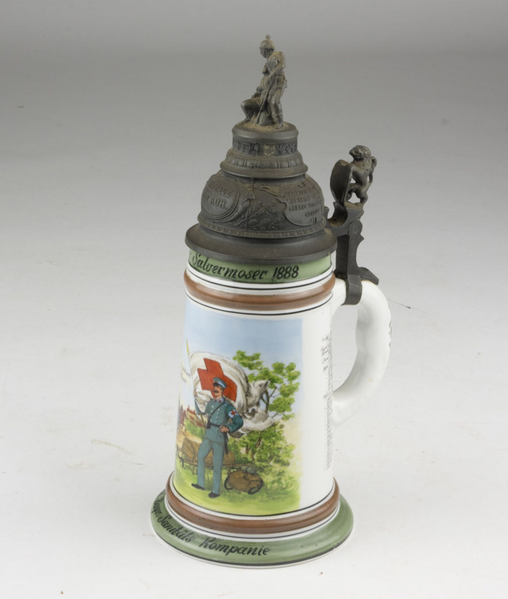 TANKARD In Ceramics, Dated 1888 decorated with landscape with Swiss sbandieratore. Hat in pewter