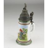 TANKARD In Ceramics, Dated 1888 decorated with landscape with Swiss sbandieratore. Hat in pewter