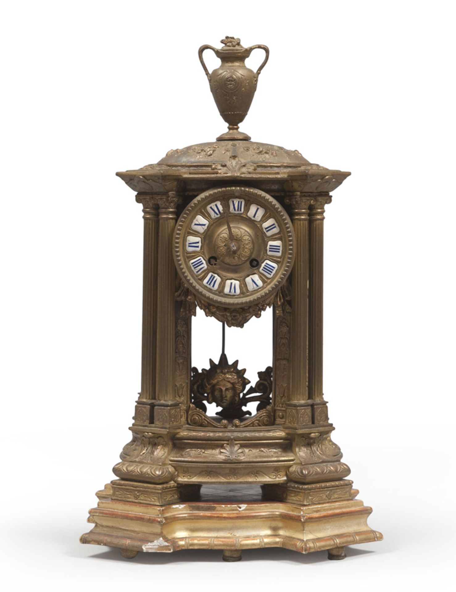 BRONZE TABLE CLOCK, LATE 19TH CENTURY with case temple shaped and chiseled to figures of vestal