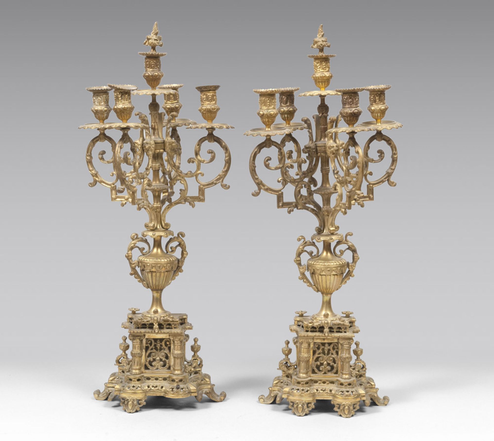 A PAIR OF GILDED BRONZE CHANDELIERS, PERIOD NAPOLEON III five arms with ramages and chiselled