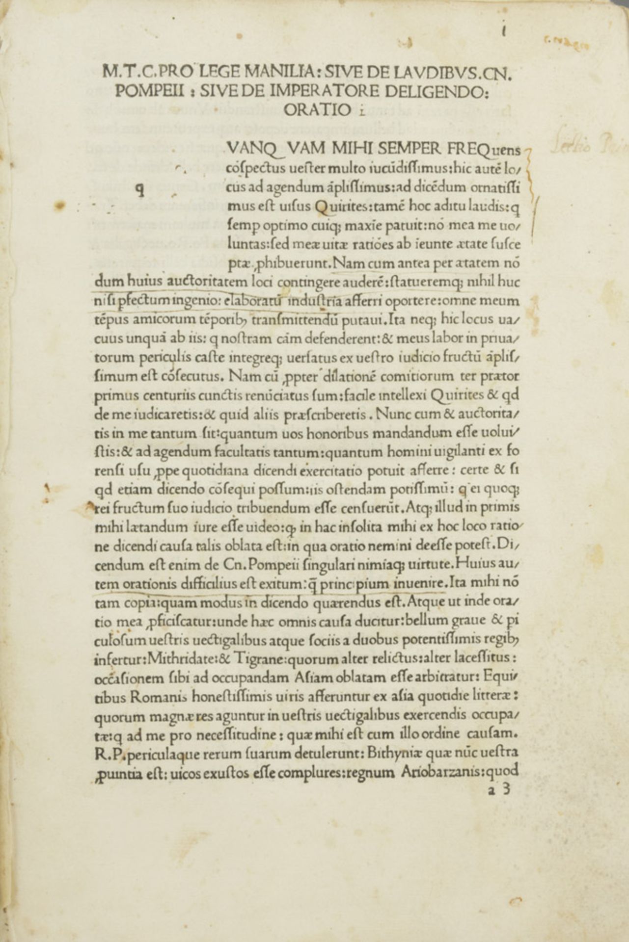 INCUNABOLI M. T. Cicero, Law Manilia. A volume. Ed. Venice 1480. Full parchment with defects. - Bild 2 aus 2