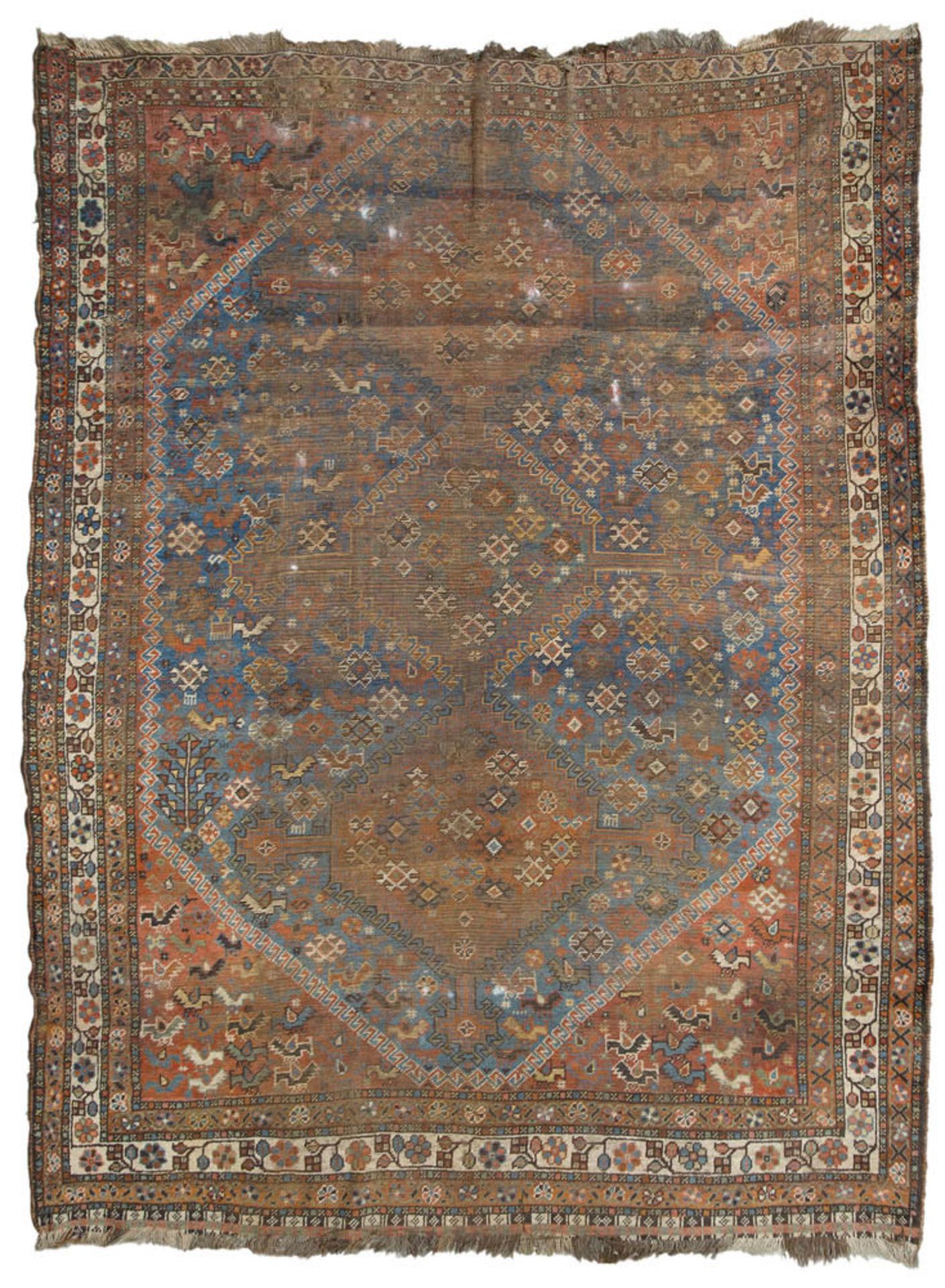 SHIRAZ CARPET, LATE 19TH CENTURY triple central medallion on blue ground and secondary motives of