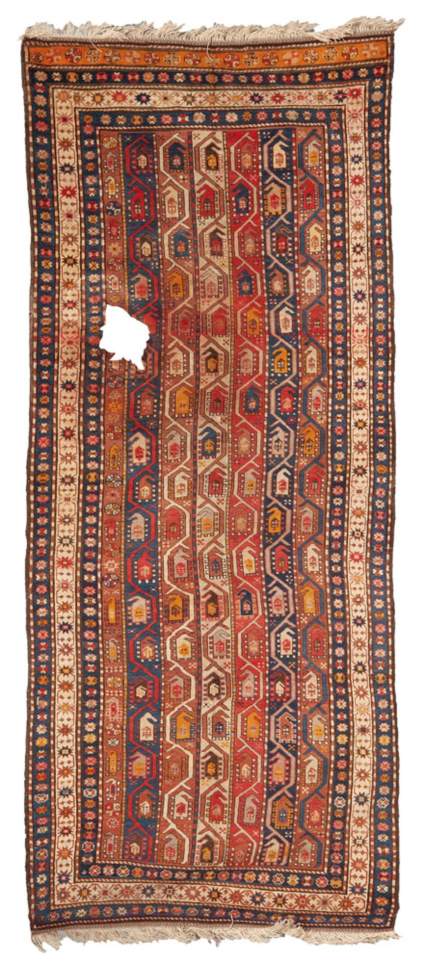 RARE CAUCASIAN DAGHESTAN CARPET, LATE 19TH CENTURY with design of series of six columns with