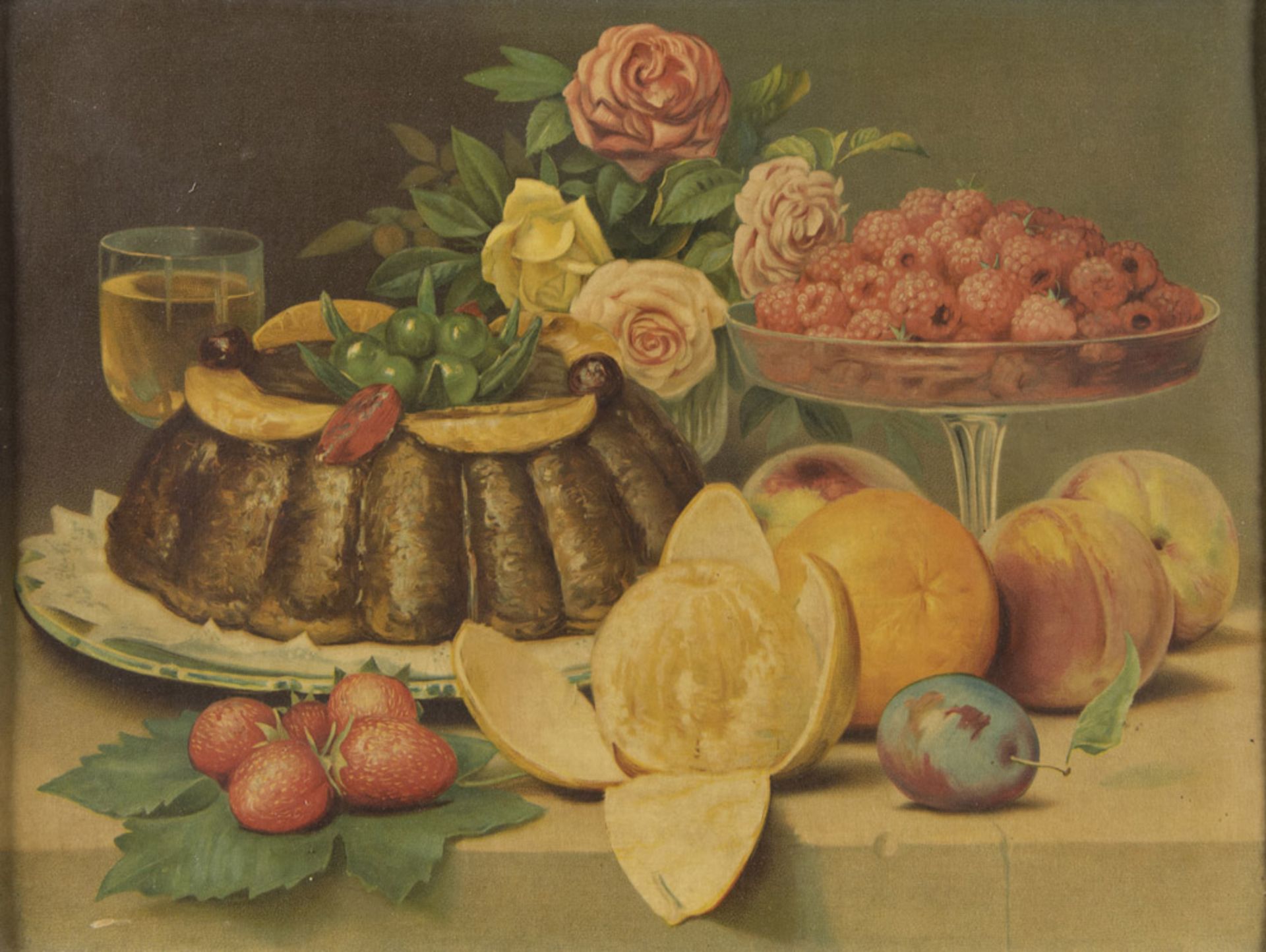 THREE REPRODUCTIONS on cardboard, representings still lifes of fruit, dish and game, one signed ' - Image 2 of 2