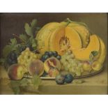 THREE REPRODUCTIONS on cardboard, representings still lifes of fruit, dish and game, one signed '