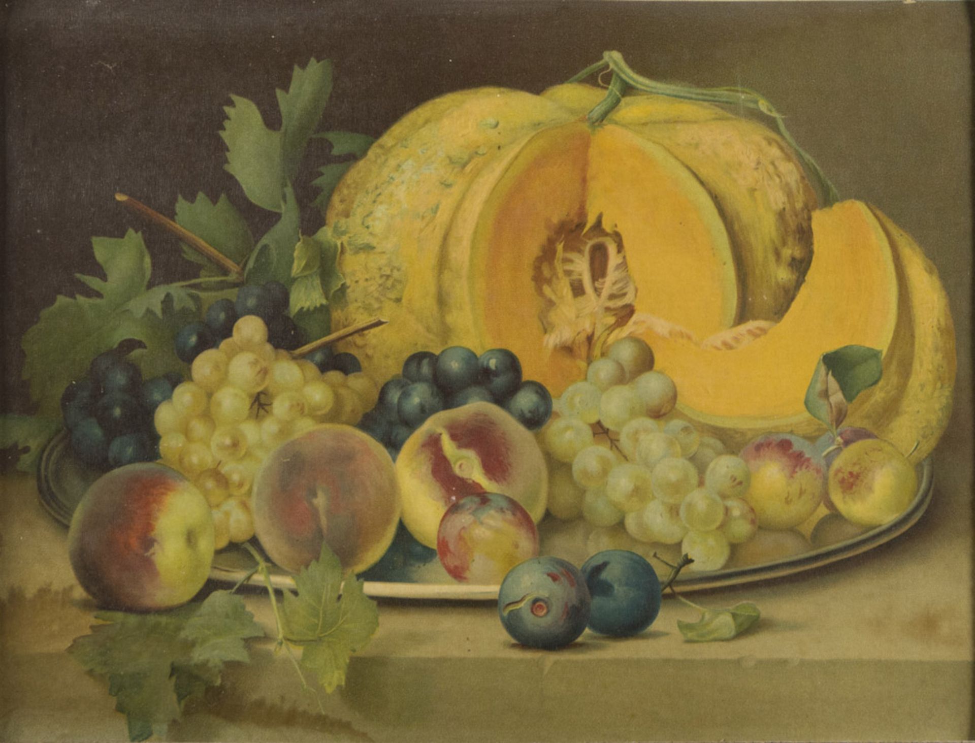 THREE REPRODUCTIONS on cardboard, representings still lifes of fruit, dish and game, one signed '