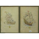 ENGRAVER 20TH CENTURY. Genoese caravel. Spanish caravel. Two color prints, cm. 46 x 31. INCISORE