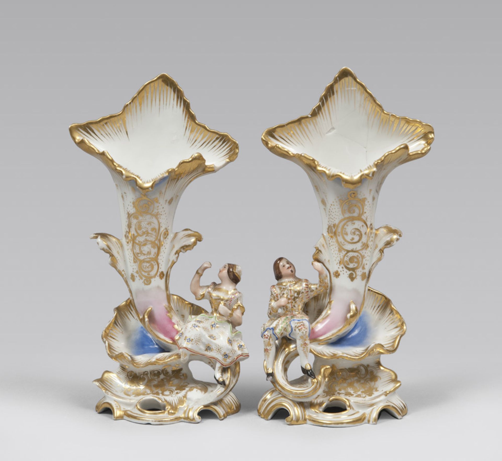 A PAIR OF SMALLPORCELAIN VASES, PROBABLY FRANCE 19TH CENTURY of white enamel, polychromy and gold,