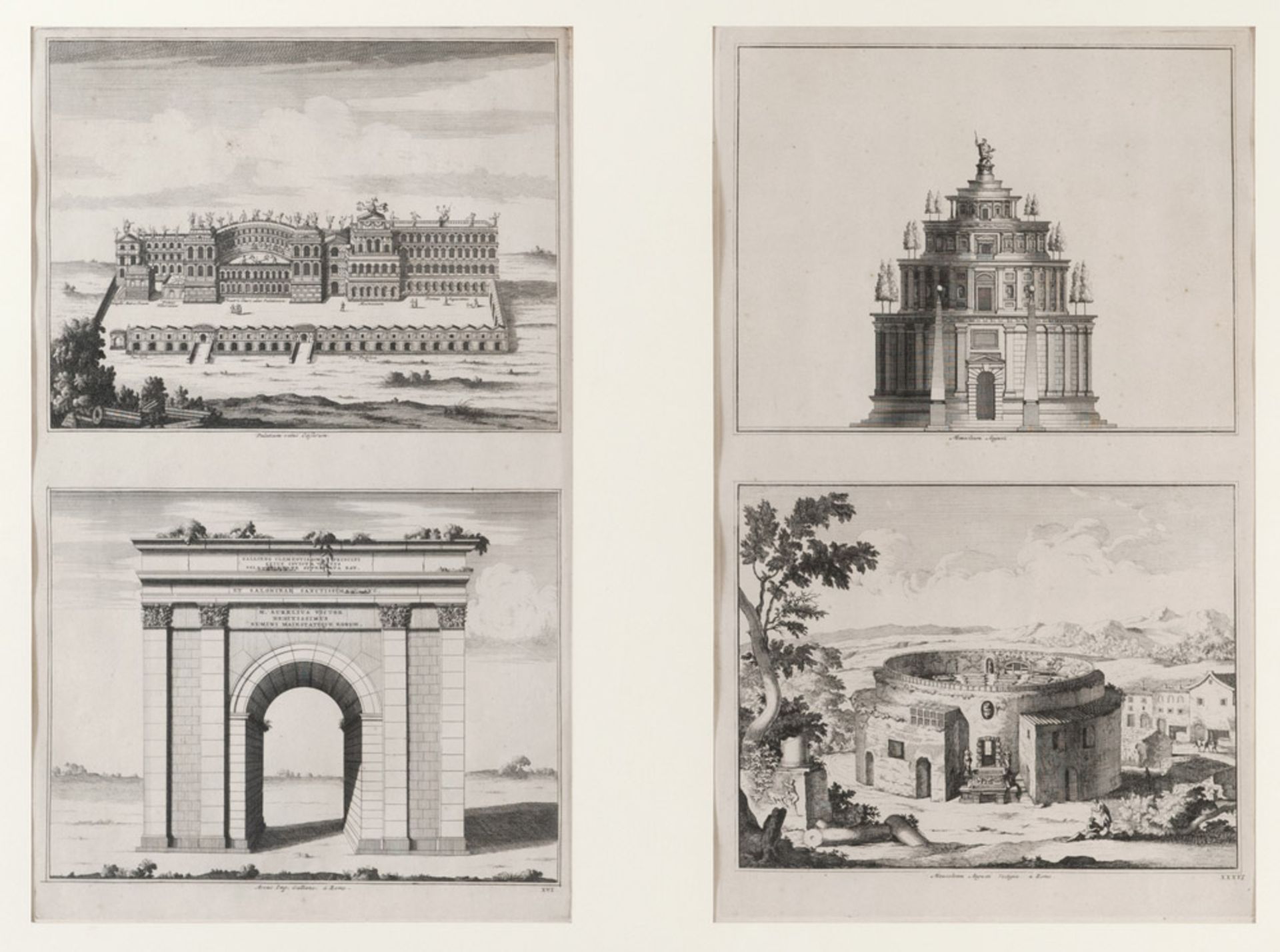 ITALIAN ENGRAVER, 19TH CENTURY ROMAN MONUMENTS Four etching in two sheets, cm. 45 x 27 Subtitled