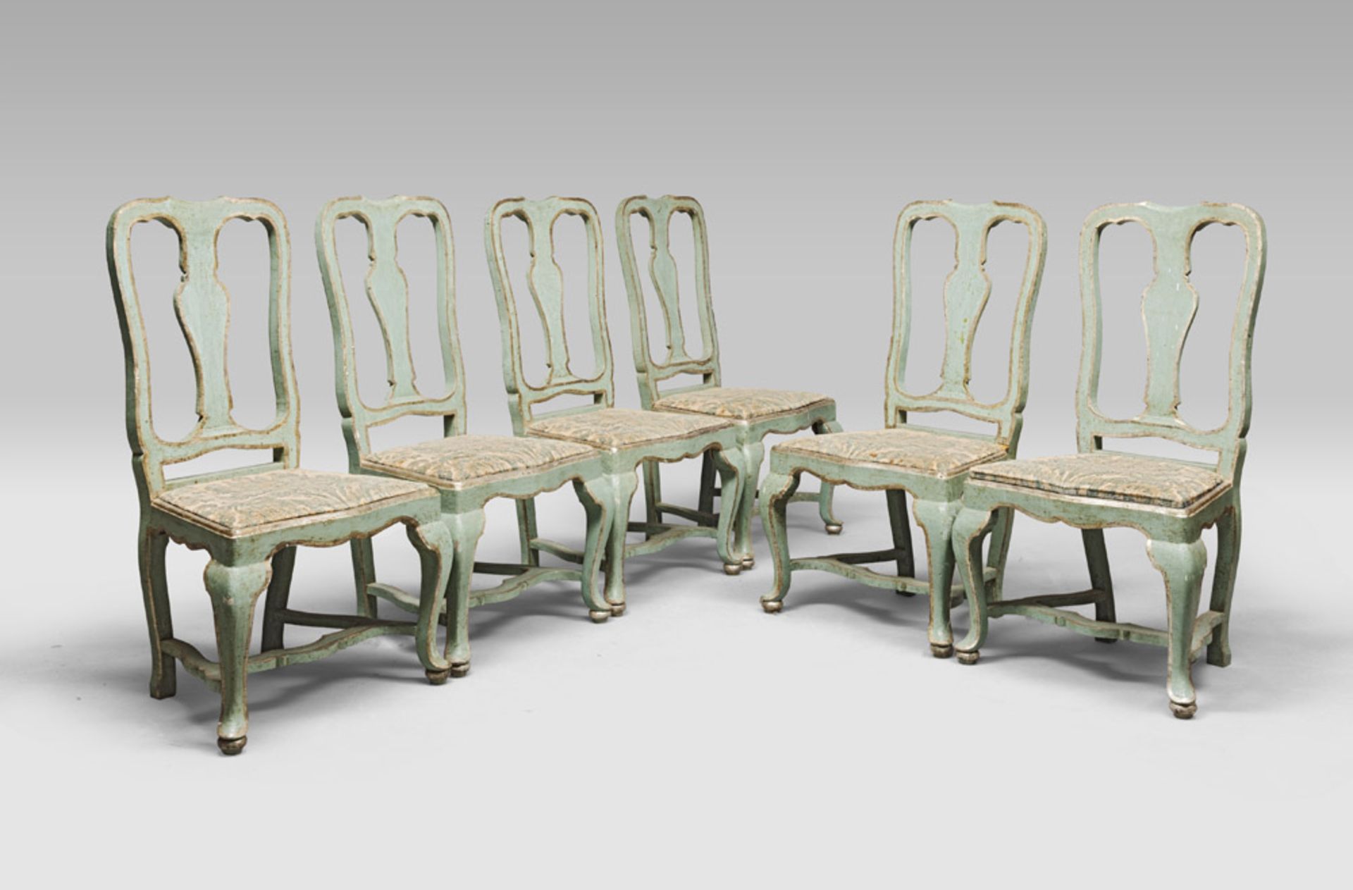 SIX BEAUTIFUL CHAIRS IN LACQUERED WOOD, MARCHE 18TH CENTURY with aquamarine undercoat and