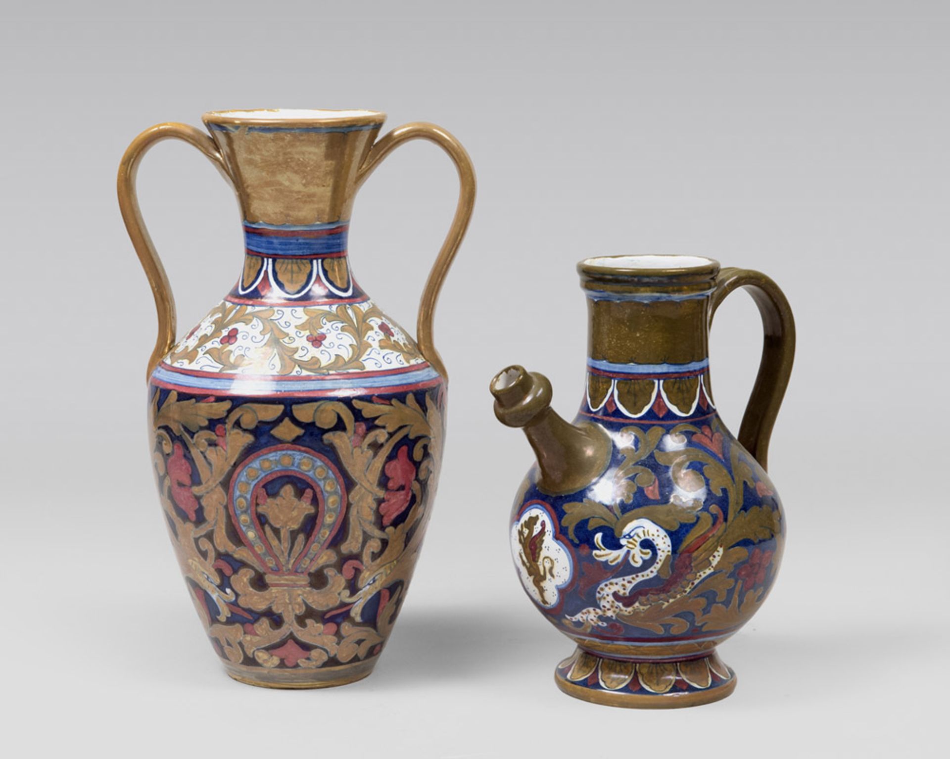 CERAMIC SPOUT AND VASE, ALBERTO RUBBOLI GUALDO TADINO FIRST HALF 20TH CENTURY with decorums in ochre