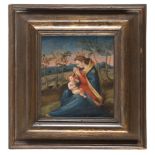 FLEMISH PAINTER, LATE 16TH - EARLY 17TH CENTURY. Landscape with Virgin and Child. Oil on copper, cm.