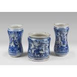 TWO ALBARELLIS AND A PHARMACY VASE IN MAIOLICA, NAPLES FINE 18TH CENTURY of white and blue enamel