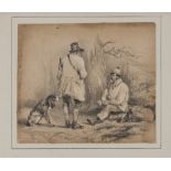 FRENCH PAINTER, 19TH CENTURY HUNTERS' STANDSTILL Pencil and indian ink on paper, cm. 14 x 16 Not