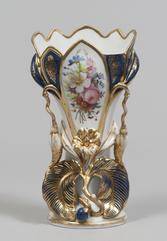 PORCELAIN VASE, LUIGI FILIPPO PERIOD white, polychrome and gold enamel with embossed flower