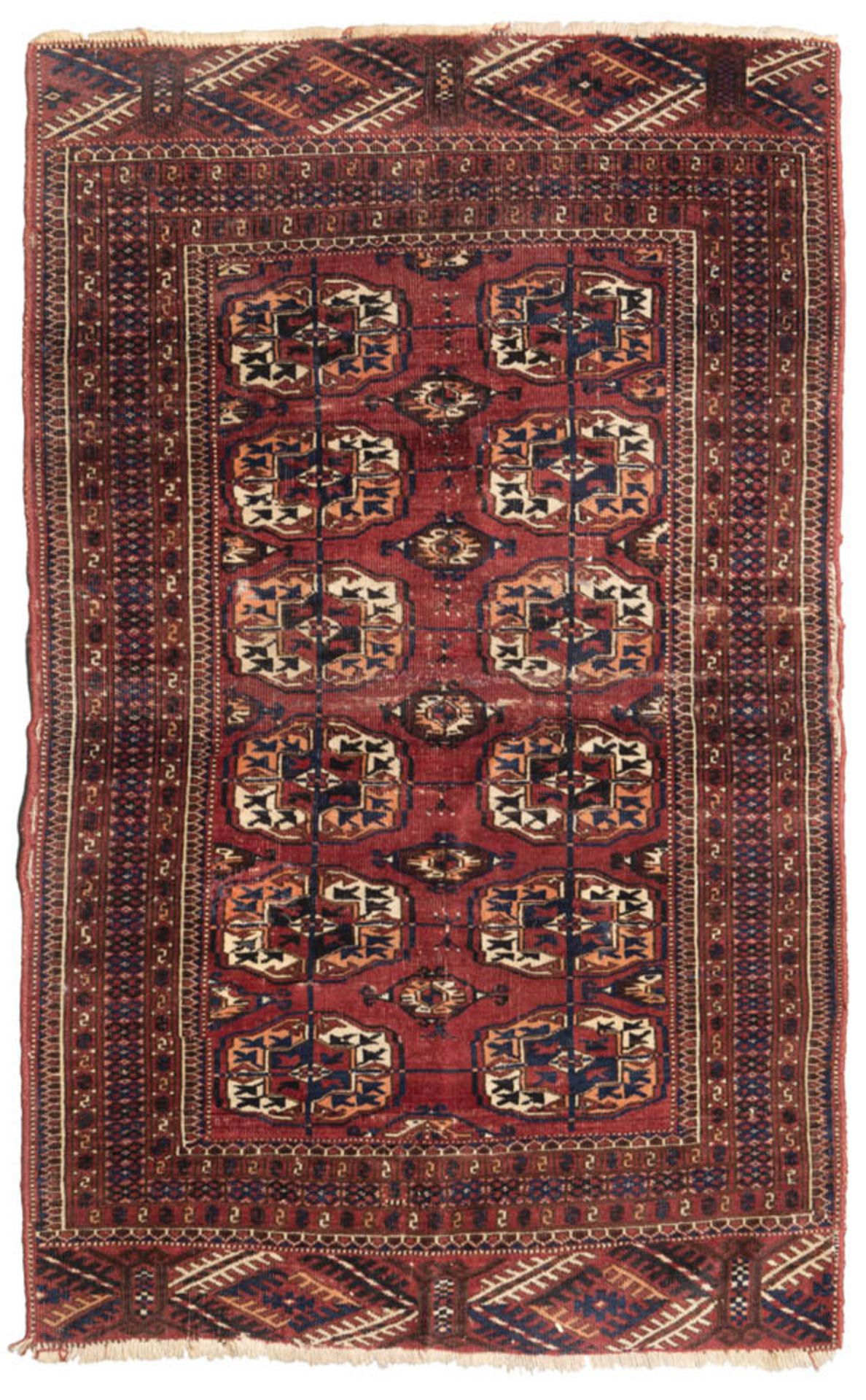 SMALL RUSSIAN BOKARA CARPET, EARLY 20TH CENTURY with secondary motives of hexagons in the center