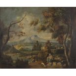 ITALIAN PAINTER, 20TH CENTURY Classical landscape with brook, wayfarers and shepherds in rest Oil on