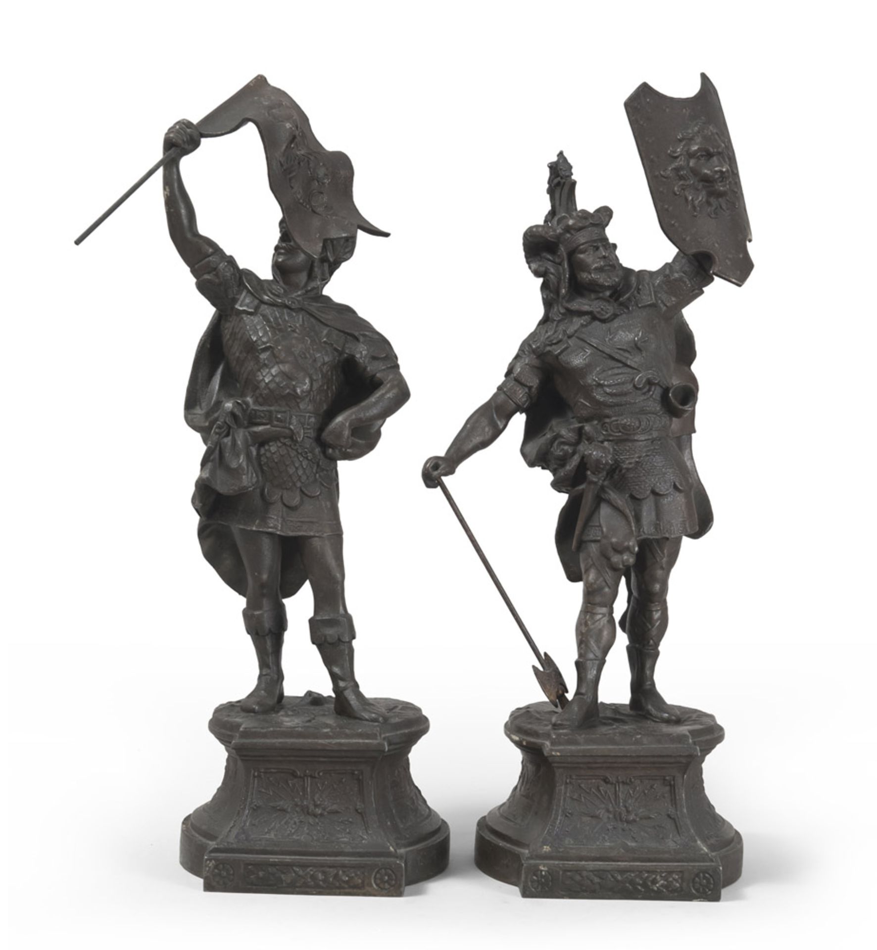 FRENCH SCULPTOR, LATE 19TH CENTURY SOLDIERS Couple of sculptures in antimony, cm. 52 x 22 x 20